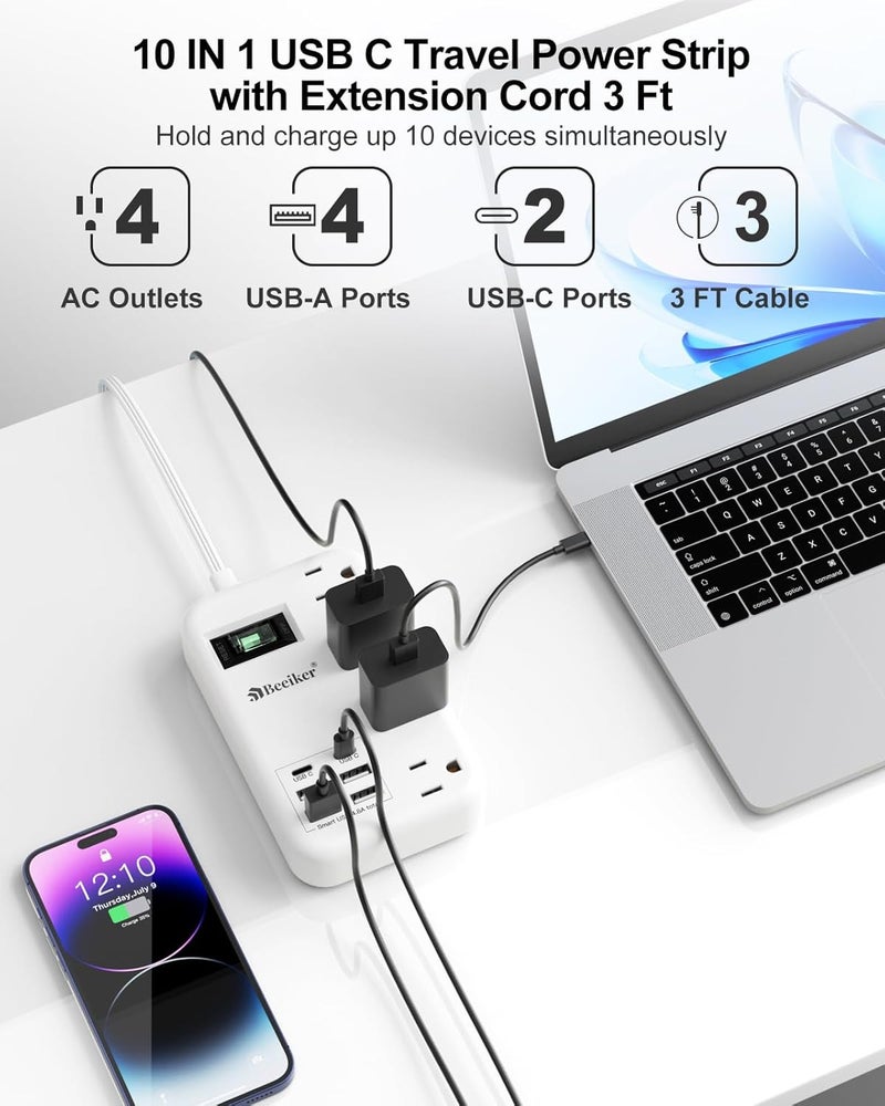 Beeiker 6 USB(2 USB C) Travel Power Strip- Flat Plug Extension Cord 3 Feet with 4.8A 24W USB Charging Station and 4 Outlets, 3 FT Short Extension Cord Portable for Travel Cruise Office College Dorm - Image 4
